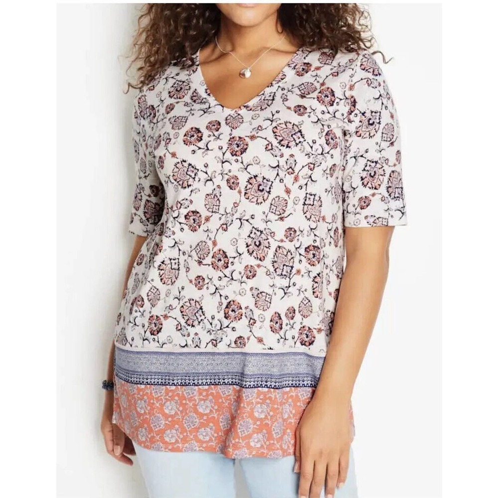J Jill | Pima V Neck Elbow Sleeve Bisque Tapestry Floral Tunic Top Size XS Beige